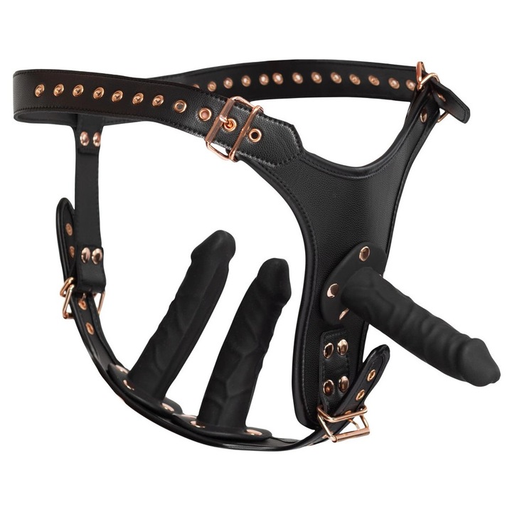 Колан Strap-On Bad Kitty 3D L/XL, черен, 3 силиконови елемента, регулируем, 14x3.5см и 12x3см