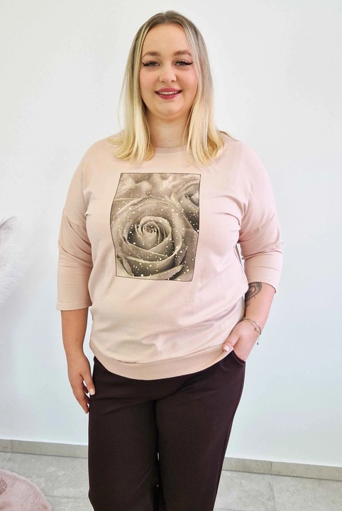 Bluza dama, nelino, cu trandafir, maneca 3/4, roz pudra, bumbac/elastan, M-L INTL