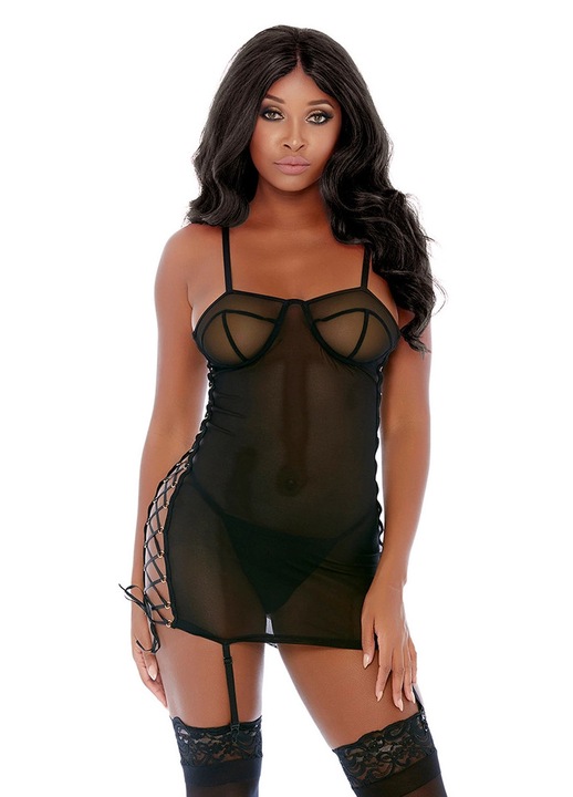 Set de lenjerie intima ForPlay, doua piese, cu plasa si bretele, culoare neagra, XL INTL