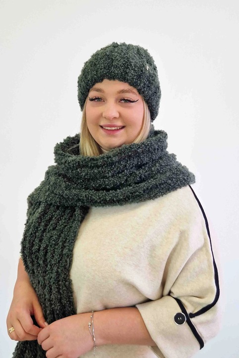 Téli szett sapka és sál NeliNo, olíva, uni, 190x35cm