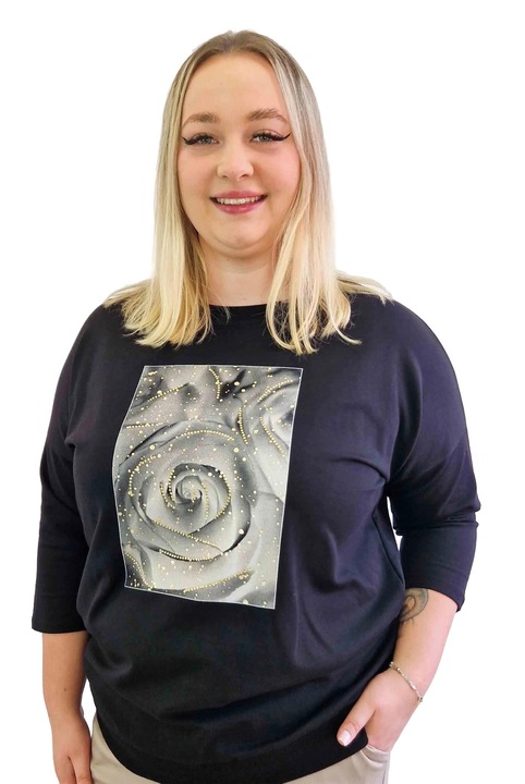 Bluza dama, nelino, cu trandafir, maneca 3/4, negru, M-L INTL