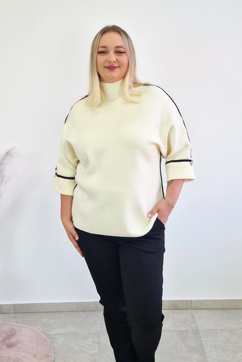 Női pulóver nelino, szalaggal, 3/4-es ujjú, krémszínű, One Size INTL