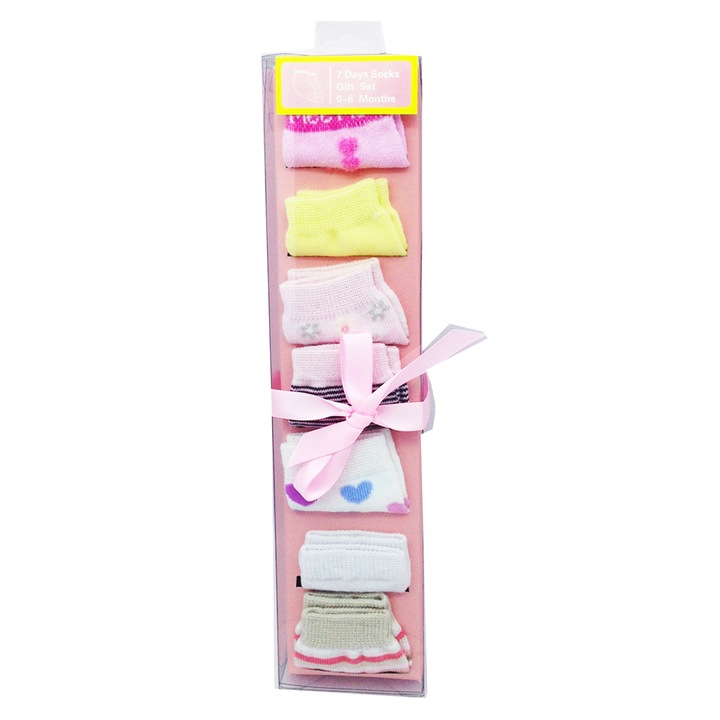 7 pár Pima baba zokni készlet luxus díszdobozban, rózsaszín, lányoknak, 0-6 hónapos korig (92087).