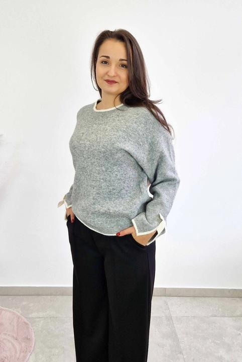 Női pulóver nelino, szürke, hosszú ujjú, díszítő szalag, puha anyag, One Size INTL