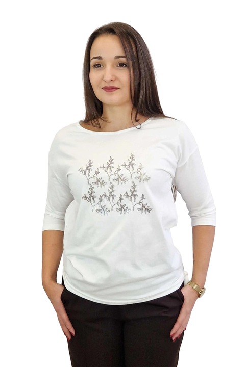 Bluza dama, Nelino, Floral, Bumbac/Elastan, Alb, S-M INTL