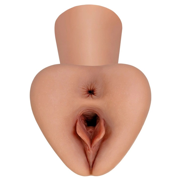Masturbator anatomic PDX Plus Pick Your Pleasure XL, 22,9x12,7x15,2cm, culoare maro, material Fanta Flesh, doua tunele