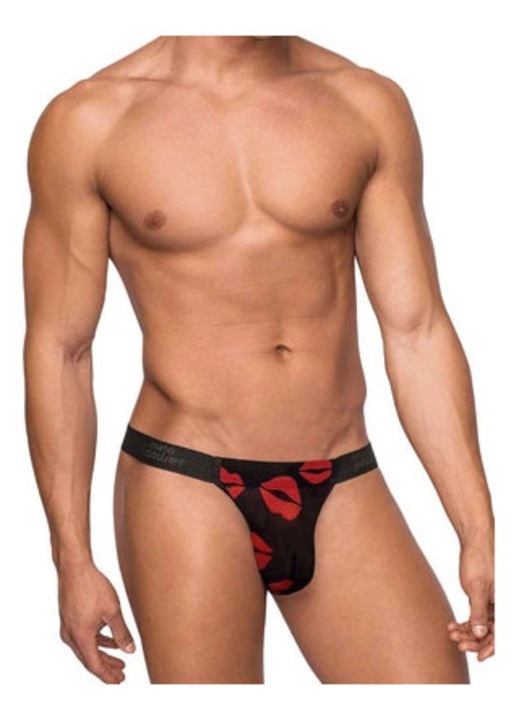 Férfi tanga bugyi Male Power Kiss Me, alacsony derék, V-alakú betét, fekete, elasztikus mikroszálas, L-XL INTL