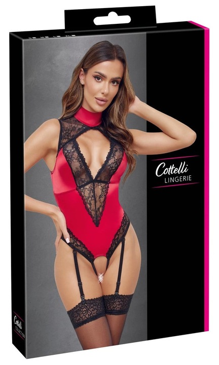 Szexi fehérnemű, Cottelli, csipkés body, állítható harisnyakötő, piros, XL INTL