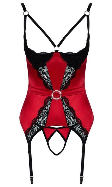 Szexi fehérnemű szett, Cottelli, szatén hálóing harisnyatartó pántokkal és nyitott tanga bugyival, piros fekete részletekkel, rugalmas anyagból, S INTL