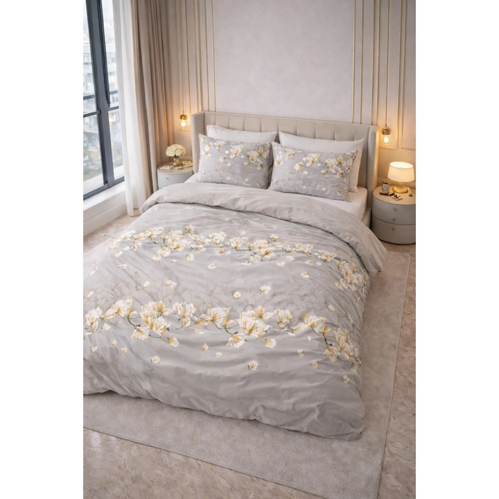 Lenjerie de pat Sleeptime, 1x husa pilota 140x200/220, 1x fete de perna 60x70, Microfibra 100%, Hipoalergenica, 90 GSM, model Summer Flower Sand, imprimeu Digital, culoare Gri