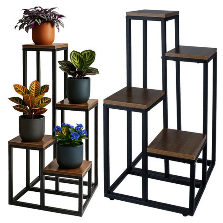 Suport pentru flori, Ruhhy, stativ vertical pentru ghivece, 69 cm, metal rezistent, design modern, culoare Negru