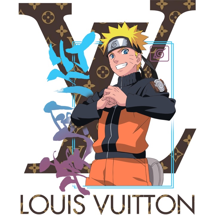 Sticker Adeziv Cu Naruto, Cu Textul "Louis Vuitton" - Design 2, cu Margini Albe, PVC Vinyl 15CM
