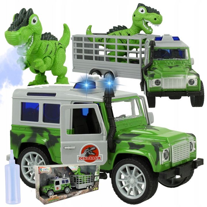 Terepjáró Dinoszaurusszal, Utánfutóval, Hangokkal, LED Fényekkel és Füsttel