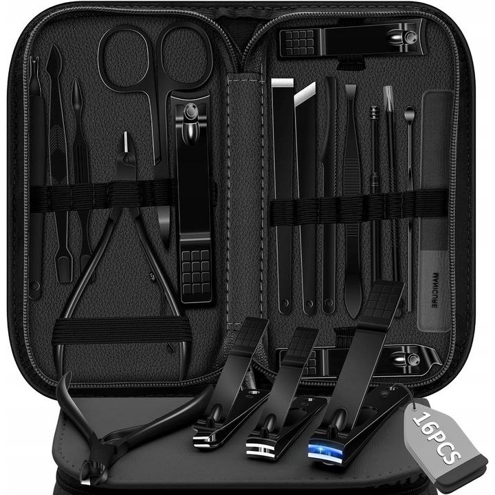 Set de manichiura si pedichiura, Luka, 16 elemente, otel inoxidabil, negru, etui
