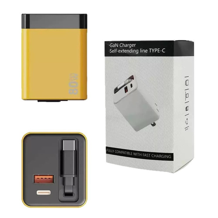 Incarcator rapid dual-port GaN 80W portocaliu compact