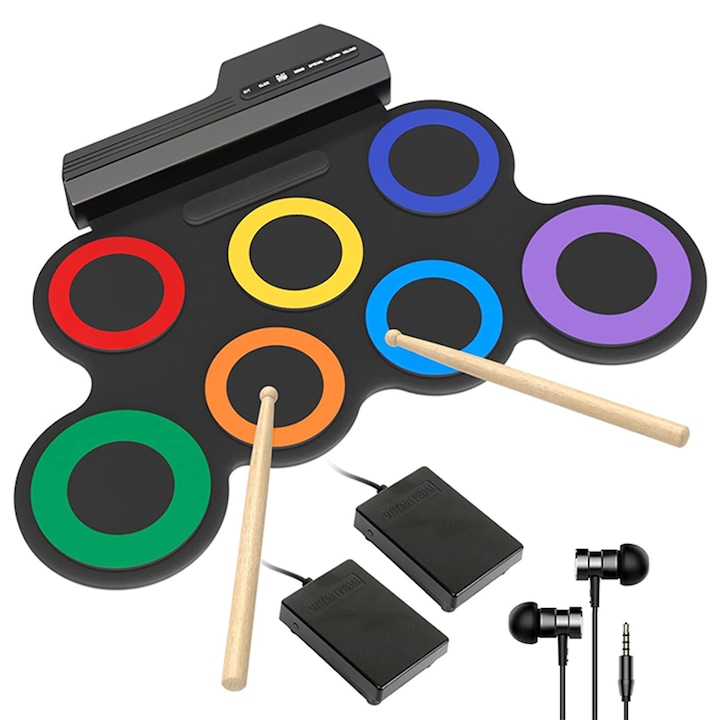 Set portabil de tobe electronice, Omelivon, Instrument cu tambur pliabil, 7 pad-uri, Cu jack pentru casti, pedale, Difuzoare integrate, Design compact, Pentru copii and incepatori, Silicon durabil, Multicolor