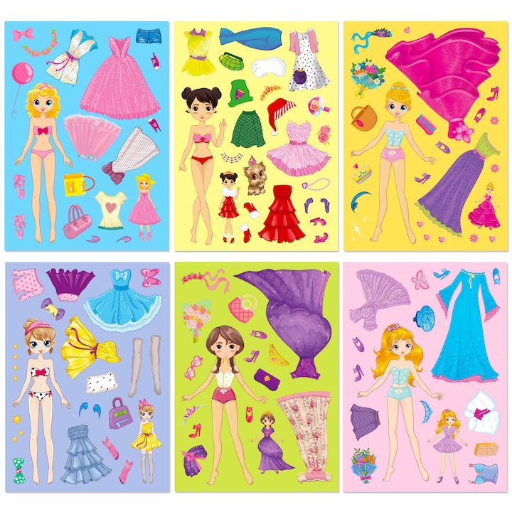 Autocolant cu printese, 6 foi Autocolante de imbracat printese proprii cu rochii de seara, bijuterii, geanta si pantofi variati si frumosi
