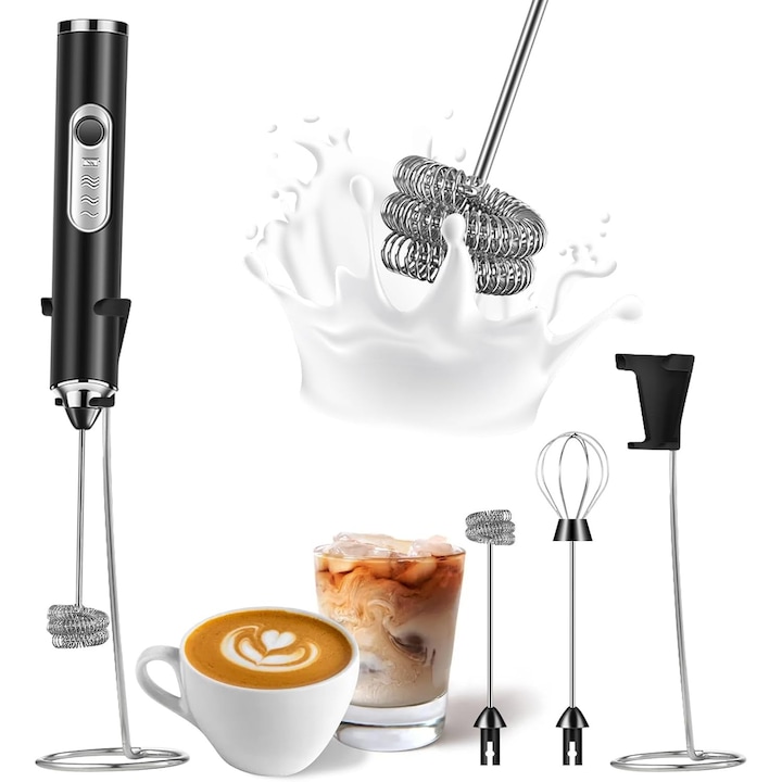 Spumator de lapte electric, 2 teluri din inox, 3 viteze, cu suport, reincarcabil USB-C