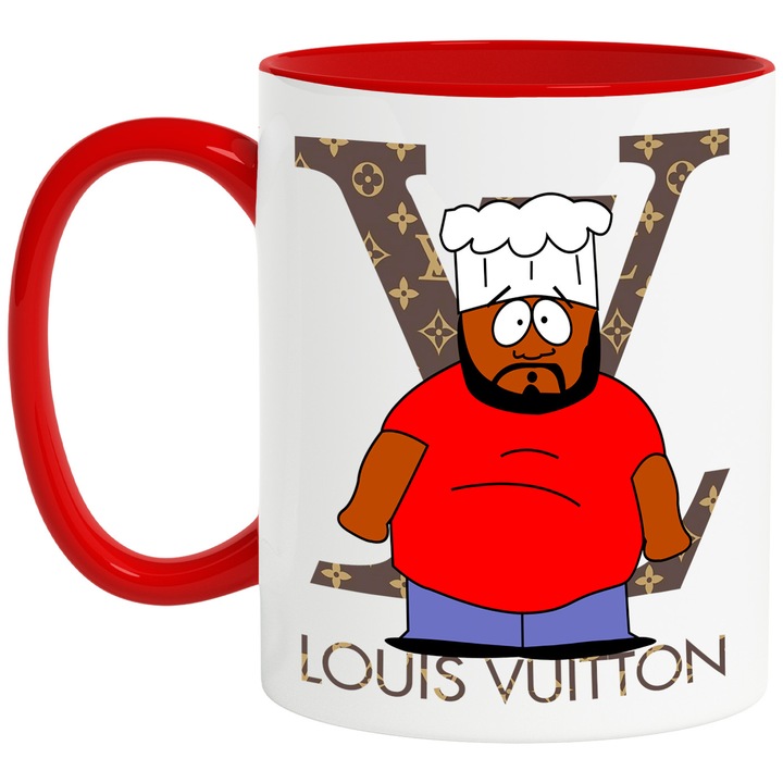 Cana Cu Southpark, Cu Textul "Louis Vuitton" - Design 5, Ceramica, 330ML, Cu Maner si Interior Rosu