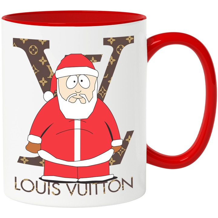 Cana Cu Southpark, Cu Textul "Louis Vuitton" - Design 8, Ceramica, 330ML, Cu Maner si Interior Rosu
