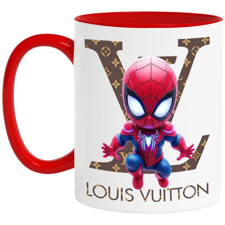 Cana Cu SpiderMan, Cu Textul "Louis Vuitton" - Design 1, Ceramica, 330ML, Cu Maner si Interior Rosu