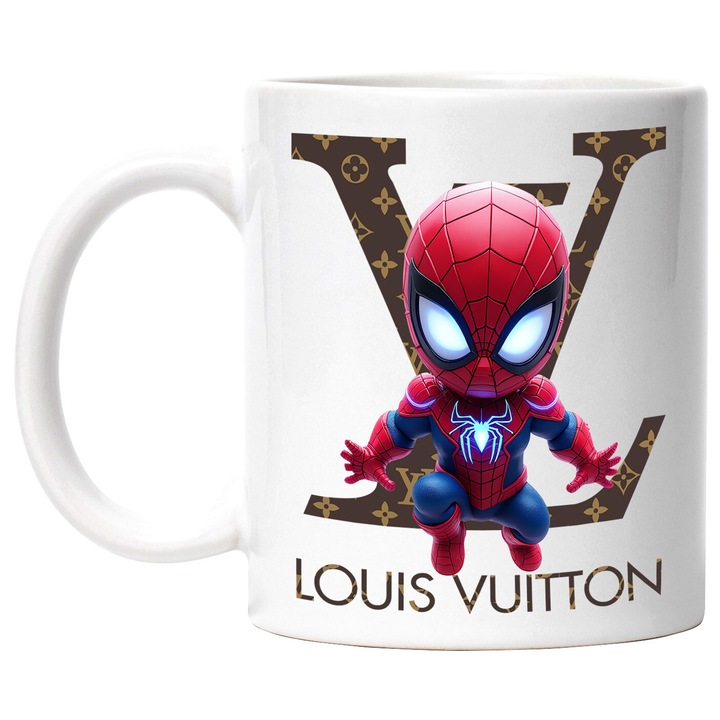 Cana Cu SpiderMan, Cu Textul "Louis Vuitton" - Design 1, Ceramica, 330ML, Cu Maner si Interior Alb