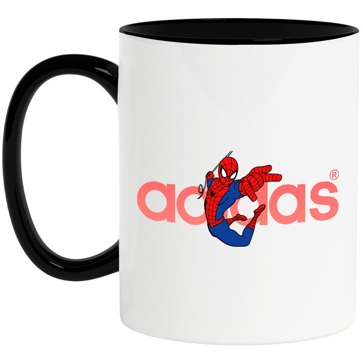 Cana Cu SpiderMan, Cu Textul "Adidas" - Design 12, Ceramica, 330ML, Cu Maner si Interior Negru