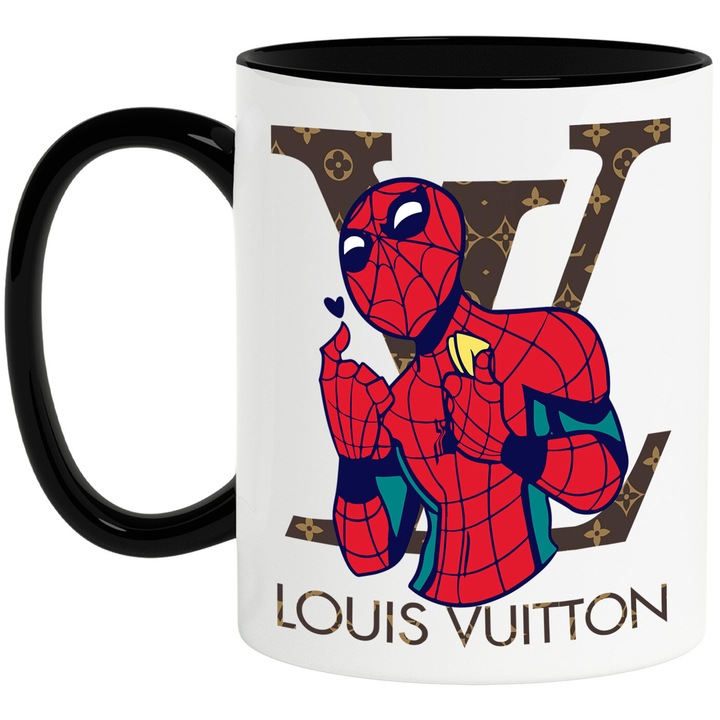 Cana Cu SpiderMan, Cu Textul "Louis Vuitton" - Design 3, Ceramica, 330ML, Cu Maner si Interior Negru