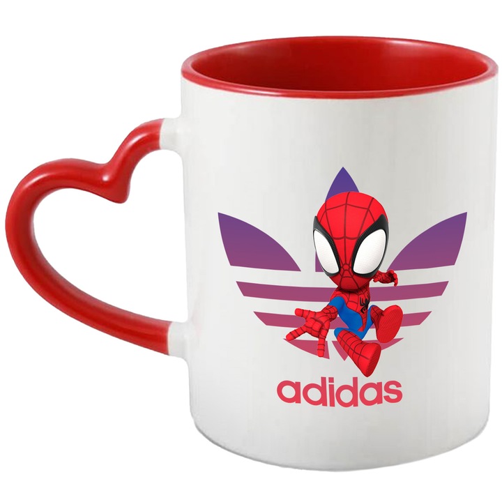 Cana Cu SpiderMan, Cu Textul "Adidas" - Design 13, Ceramica, 330ML, Cu Maner Inima Rosie si Interior Rosu