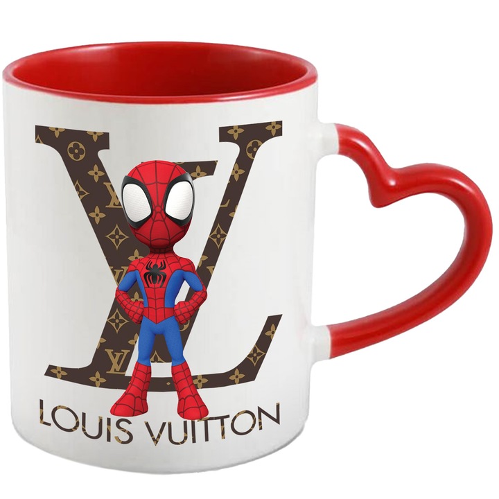Cana Cu SpiderMan, Cu Textul "Louis Vuitton" - Design 6, Ceramica, 330ML, Cu Maner Inima Rosie si Interior Rosu