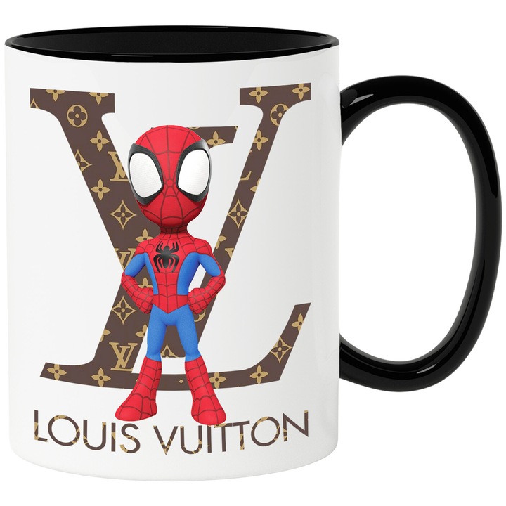 Cana Cu SpiderMan, Cu Textul "Louis Vuitton" - Design 6, Ceramica, 330ML, Cu Maner si Interior Negru