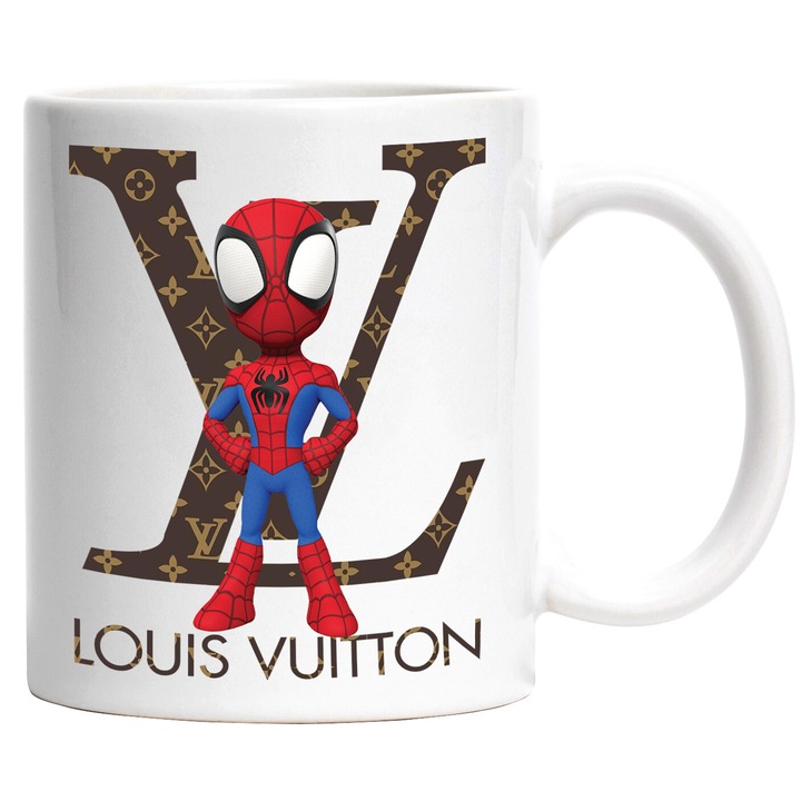 Cana Cu SpiderMan, Cu Textul "Louis Vuitton" - Design 6, Ceramica, 330ML, Cu Maner si Interior Alb