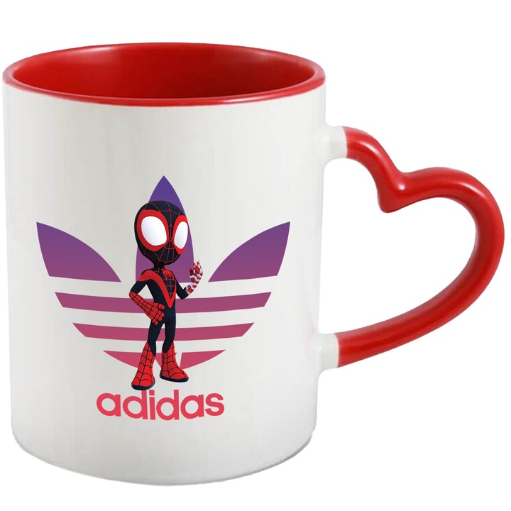 Cana Cu SpiderMan, Cu Textul "Adidas" - Design 19, Ceramica, 330ML, Cu Maner Inima Rosie si Interior Rosu