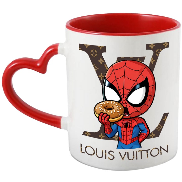 Cana Cu SpiderMan, Cu Textul "Louis Vuitton" - Design 12, Ceramica, 330ML, Cu Maner Inima Rosie si Interior Rosu