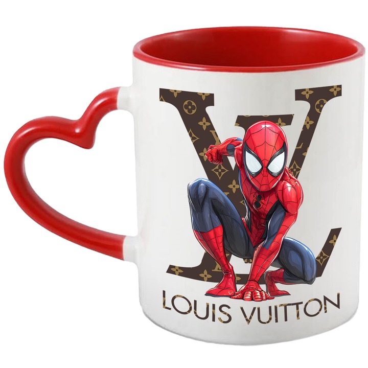 Cana Cu SpiderMan, Cu Textul "Louis Vuitton" - Design 13, Ceramica, 330ML, Cu Maner Inima Rosie si Interior Rosu