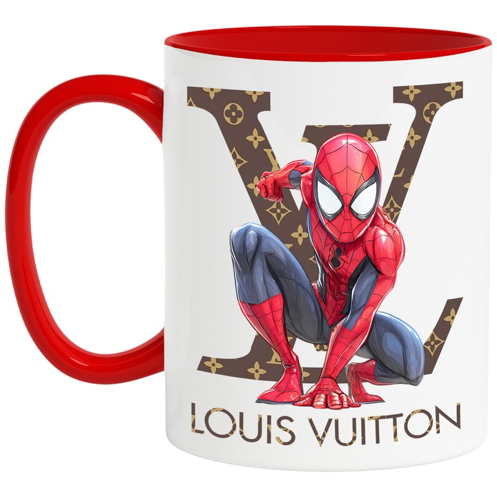 Cana Cu SpiderMan, Cu Textul "Louis Vuitton" - Design 13, Ceramica, 330ML, Cu Maner si Interior Rosu
