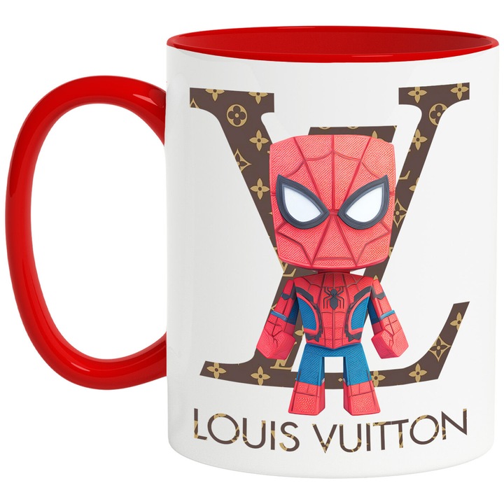 Cana Cu SpiderMan, Cu Textul "Louis Vuitton" - Design 15, Ceramica, 330ML, Cu Maner si Interior Rosu