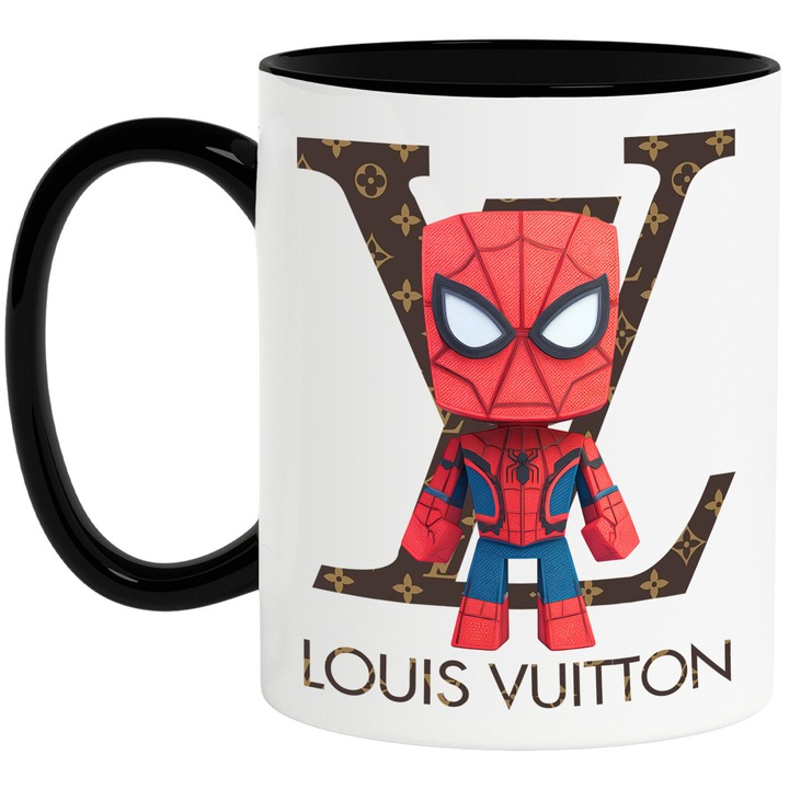 Cana Cu SpiderMan, Cu Textul "Louis Vuitton" - Design 15, Ceramica, 330ML, Cu Maner si Interior Negru
