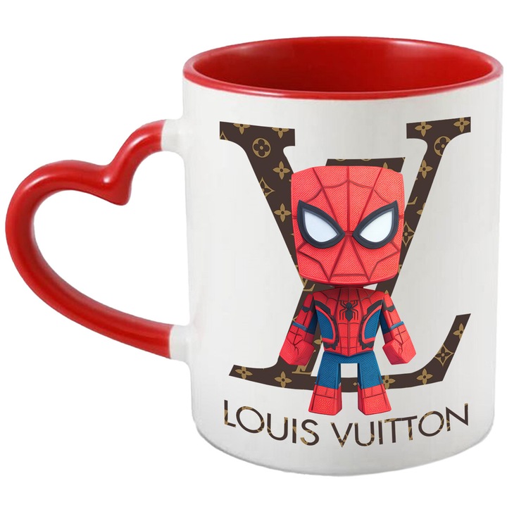Cana Cu SpiderMan, Cu Textul "Louis Vuitton" - Design 15, Ceramica, 330ML, Cu Maner Inima Rosie si Interior Rosu