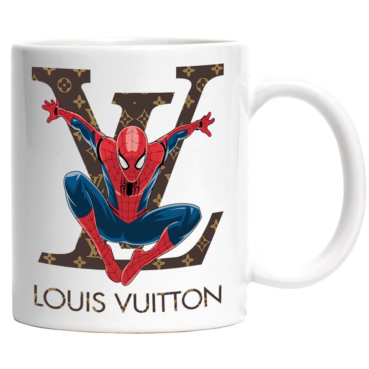 Cana Cu SpiderMan, Cu Textul "Louis Vuitton" - Design 16, Ceramica, 330ML, Cu Maner si Interior Alb