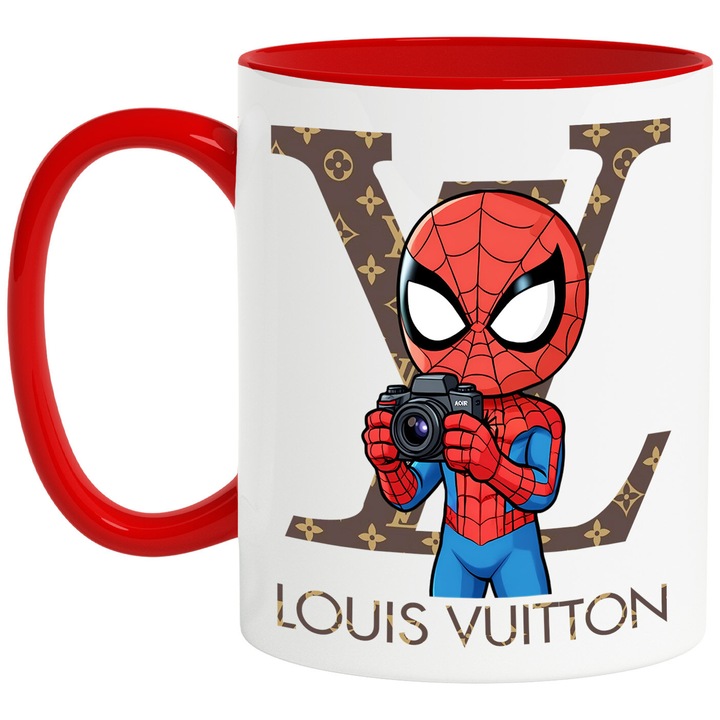 Cana Cu SpiderMan, Cu Textul "Louis Vuitton" - Design 18, Ceramica, 330ML, Cu Maner si Interior Rosu