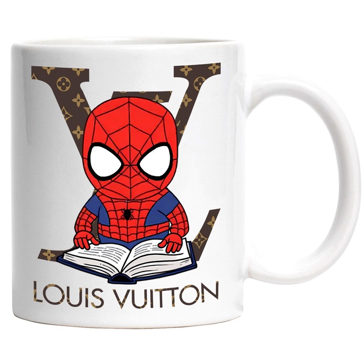 Cana Cu SpiderMan, Cu Textul "Louis Vuitton" - Design 17, Ceramica, 330ML, Cu Maner si Interior Alb