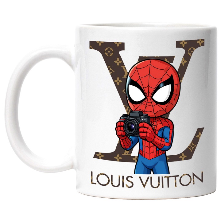Cana Cu SpiderMan, Cu Textul "Louis Vuitton" - Design 18, Ceramica, 330ML, Cu Maner si Interior Alb