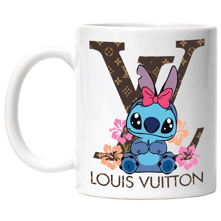 Cana Cu Stitch, Cu Textul "Louis Vuitton" - Design 1, Ceramica, 330ML, Cu Maner si Interior Alb