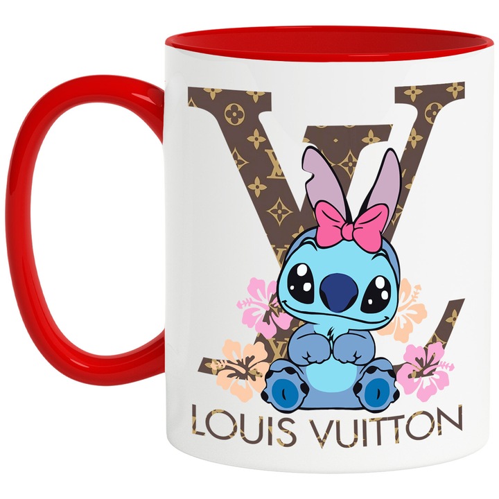Cana Cu Stitch, Cu Textul "Louis Vuitton" - Design 1, Ceramica, 330ML, Cu Maner si Interior Rosu