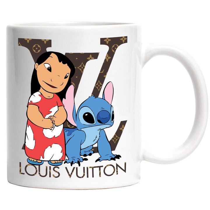 Cana Cu Stitch, Cu Textul "Louis Vuitton" - Design 3, Ceramica, 330ML, Cu Maner si Interior Alb