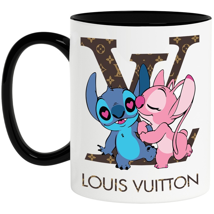 Cana Cu Stitch, Cu Textul "Louis Vuitton" - Design 4, Ceramica, 330ML, Cu Maner si Interior Negru