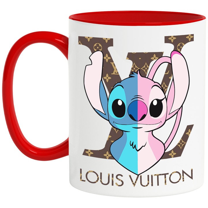Cana Cu Stitch, Cu Textul "Louis Vuitton" - Design 5, Ceramica, 330ML, Cu Maner si Interior Rosu