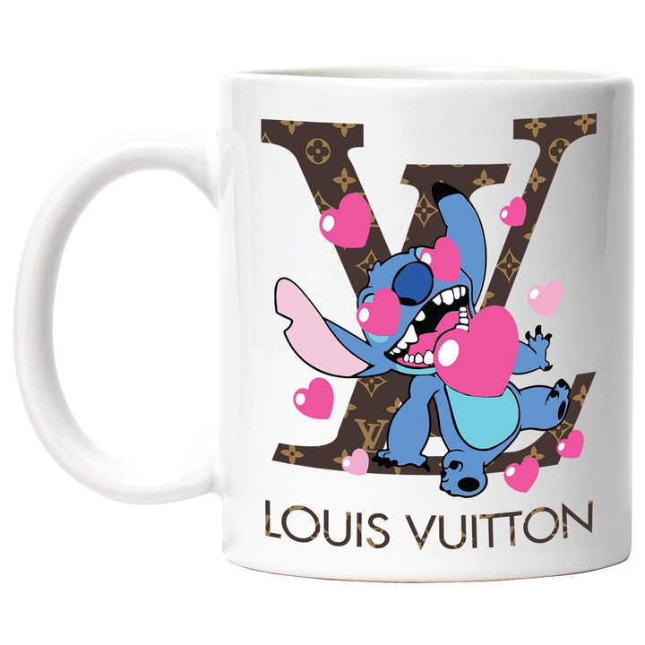 Cana Cu Stitch, Cu Textul "Louis Vuitton" - Design 7, Ceramica, 330ML, Cu Maner si Interior Alb