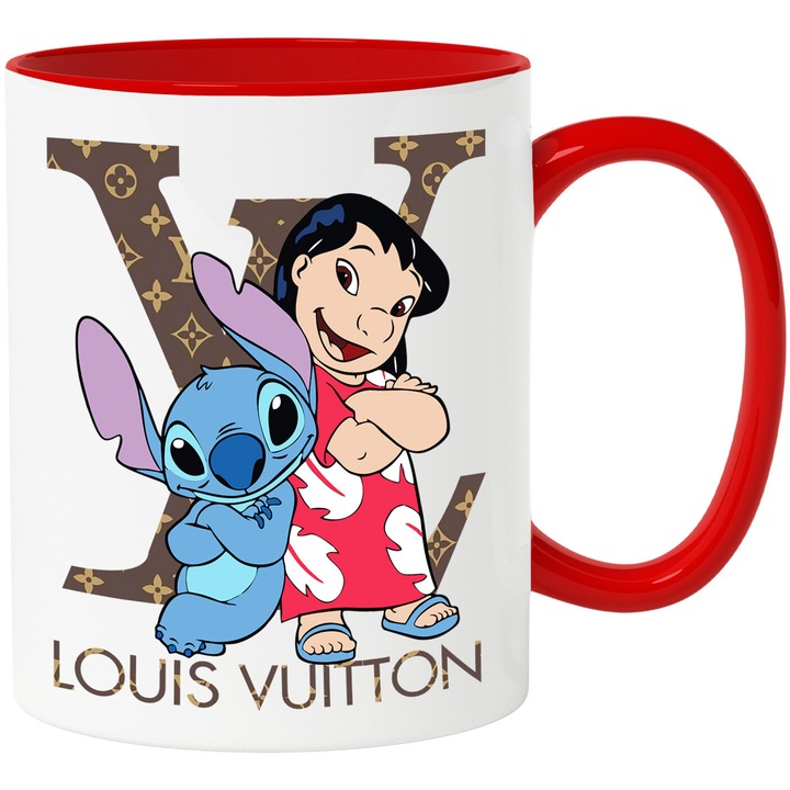 Cana Cu Stitch, Cu Textul "Louis Vuitton" - Design 10, Ceramica, 330ML, Cu Maner si Interior Rosu